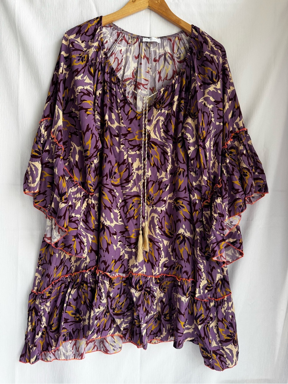Purple Floral Ruffle Mini Dress with Tassel Tie